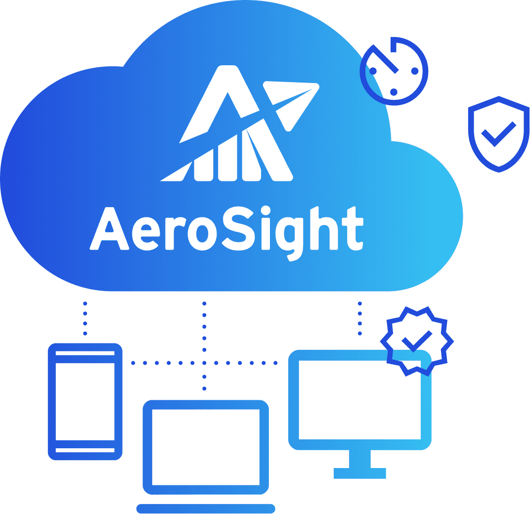 AeroSight logo in a cloud linked to a phone, laptop and desktop, with security and certification badges