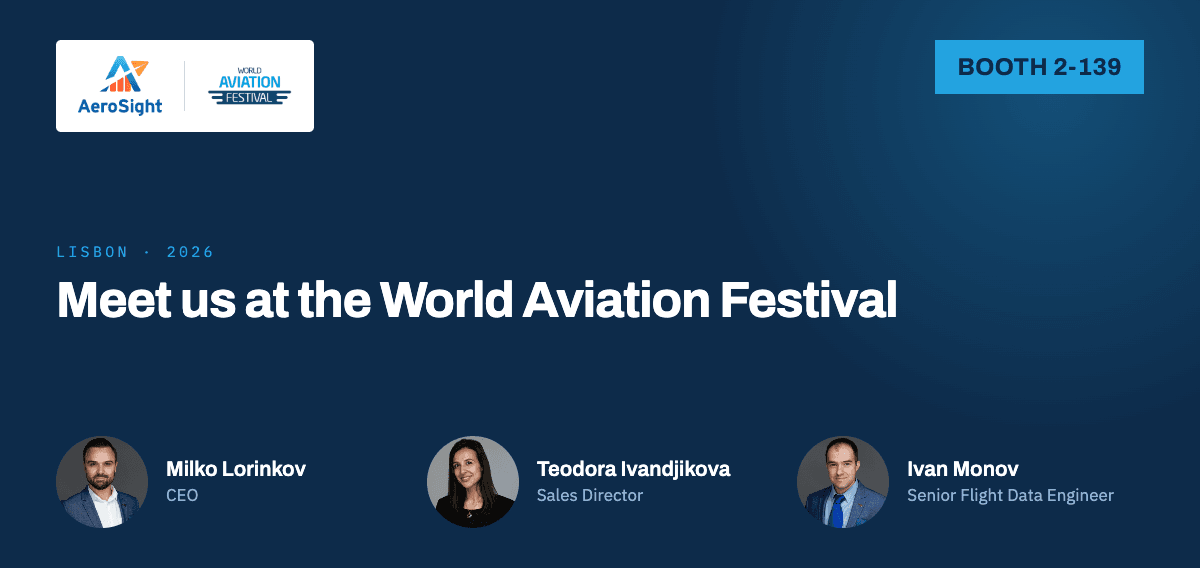 AeroSight at World Aviation Festival 2026 in Lisbon, booth 2-139, with headshots of Milko Lorinkov, Teodora Ivandjikova and Ivan Monov