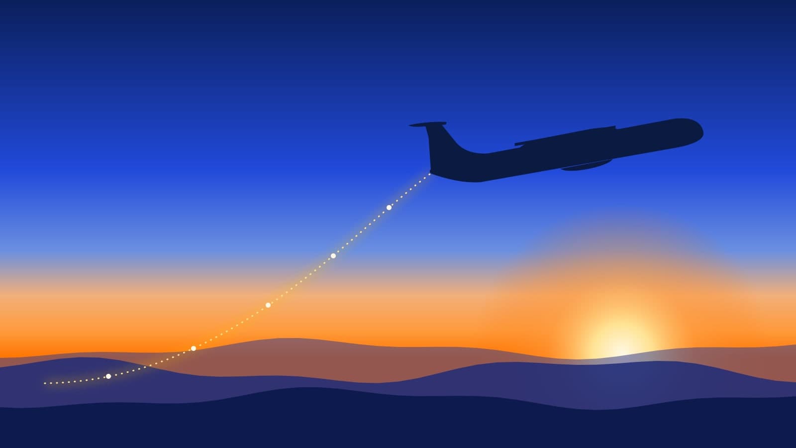 Illustration of a regional turboprop climbing at sunrise over hills, its flight path traced behind it as a line of data points